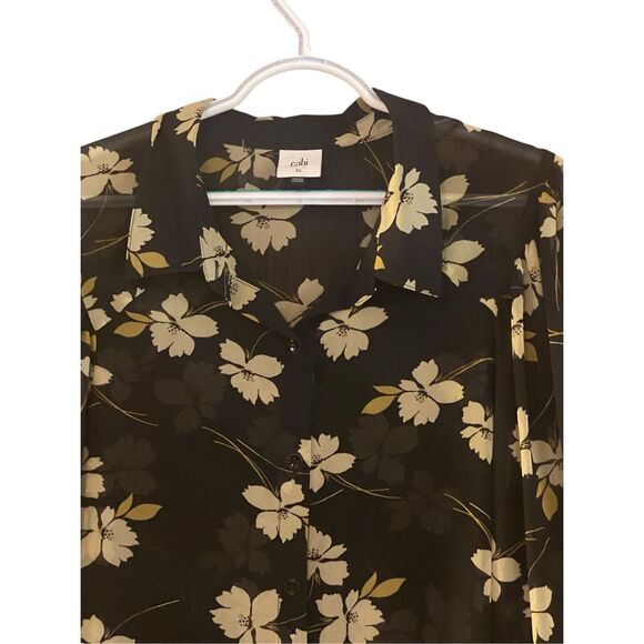 Cabi XL Black Floral Button Front Blouse Women Long Sleeve Collared Top Career - Picture 2 of 5